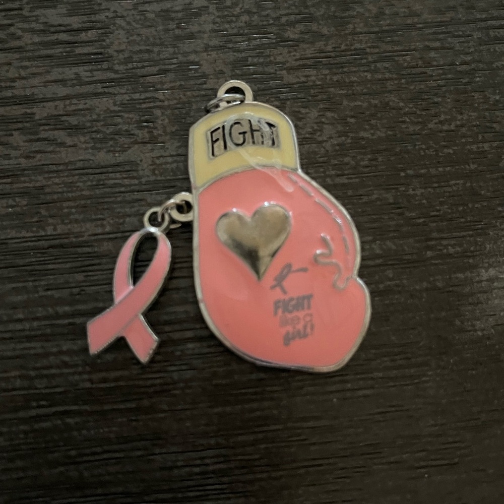 Keychain, breast cancer symbol, approximately 1 1/2 inch height